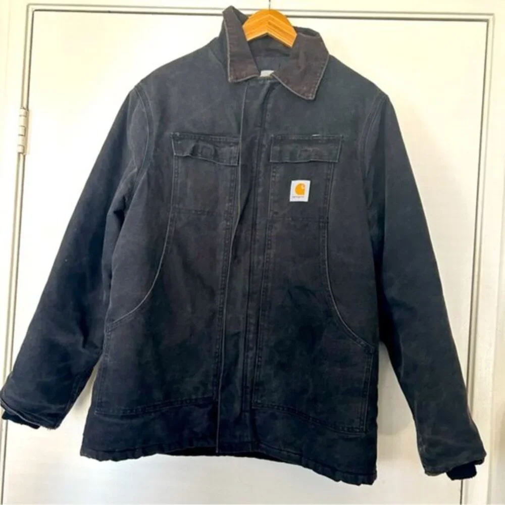 Vintage Carhartt Black Canvas Quilted Corduroy Collar Chore Work Jacket Size 48 - Picture 3 of 12